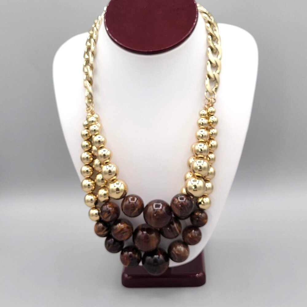 Erica Lyons Chunky Beaded Statement Necklace Gold Brown Beads Triple Strand